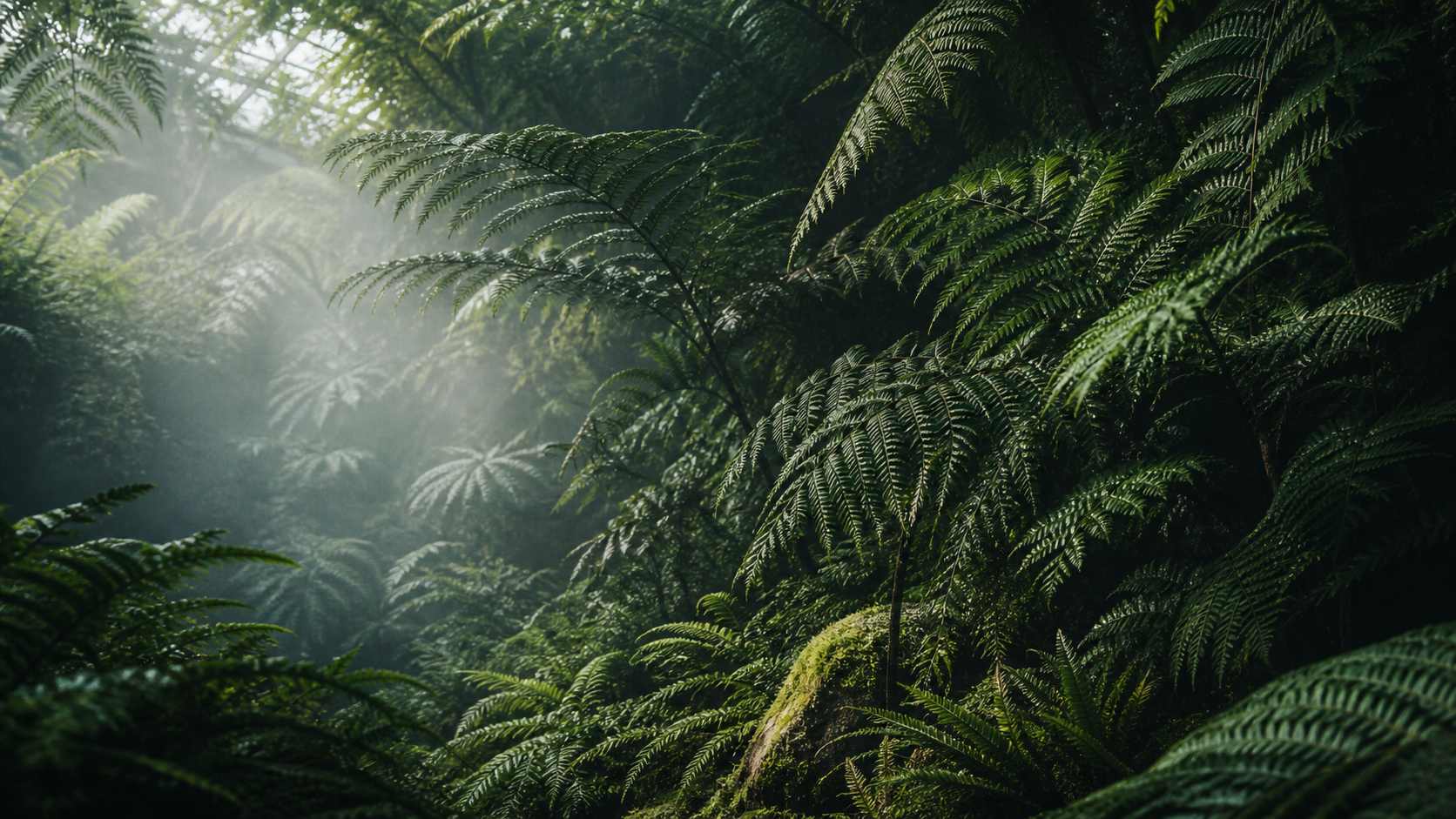 Misty native New Zealand fern understory with tree-fern fronds catching low light